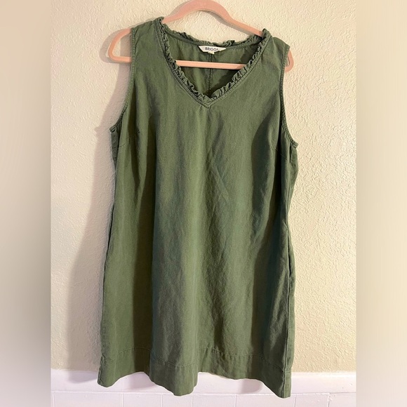 Briggs Linen Blend Sleeveless Ruffle V-neck Dress Women’s Sz XXL Olive Pockets - Picture 1 of 8